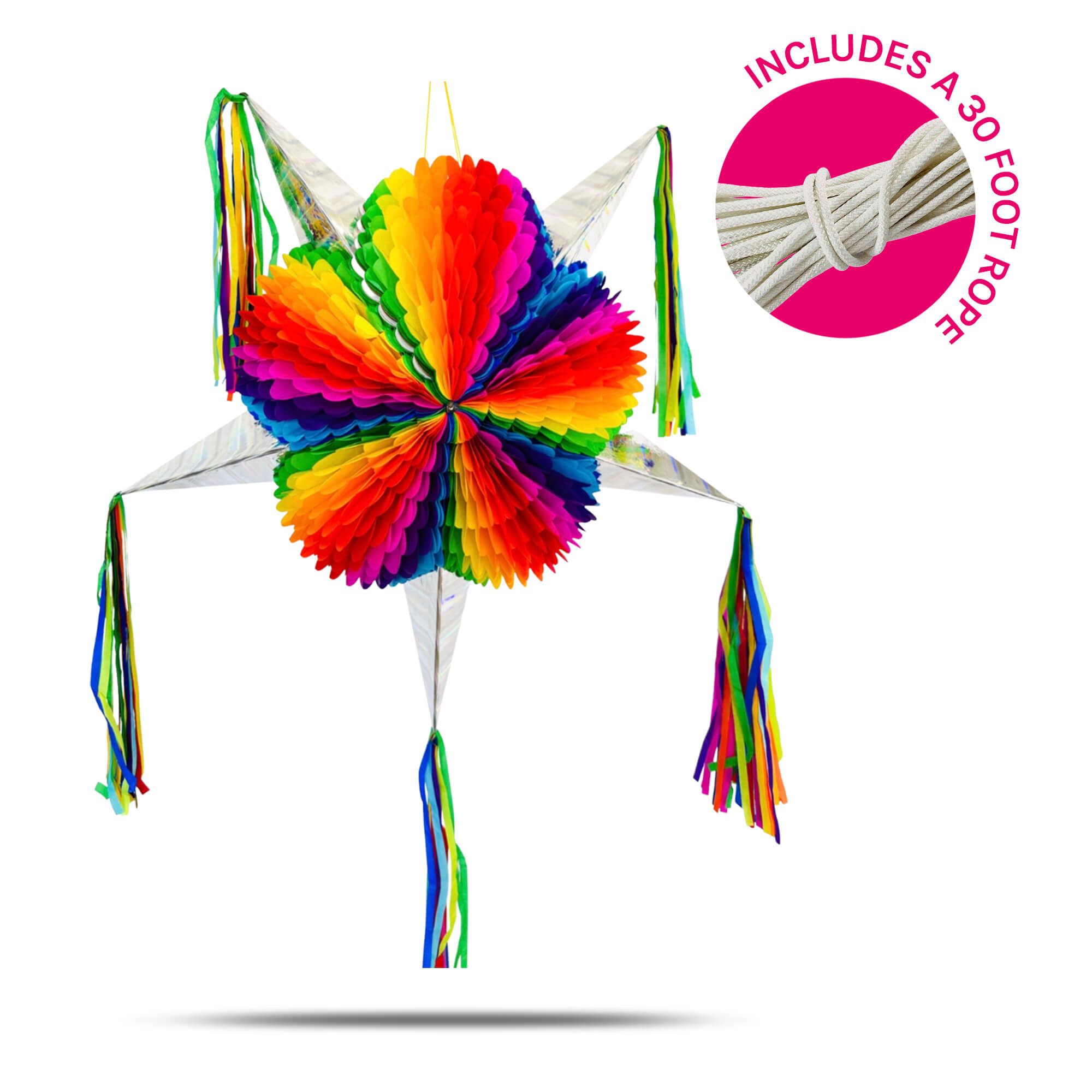 Jumbo Rainbow Mexican Star Piñata with 30 Ft Rope Included, Holds